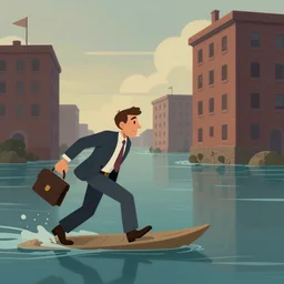 a charon taking a banker across the river styxx with partially submerged buildings in the background, digital art
