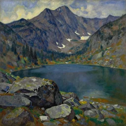 a painting of a mountain lake surrounded by rocks, a gouache by svetoslav roerich, trending on pexels, hudson river school, henry moore, matte painting, apocalypse landscape