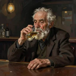 a very old man suffering while drinking alone in a dark bar, digital art, old paint