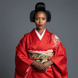 portrait of attractive dark - skinned tanzanian woman wearing regal japanese ceremonial attire, red dress, intricate details, ultra - realistic, studio lighting, contrasting background, editorial photography by alex james, texture by greg rutkowski
