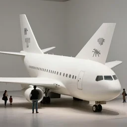 photo of minimalist abstract cubist sculpture of curvy spaceship with random small mecha mayan decorations, covered with few large white airplane parts with windows and doors, with people visiting - w 6 4 0