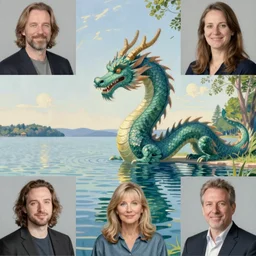 a dragon comes out from a balaton lake by camille corot, greg rutkowski, michael komarck and hayao miyazaki, sketch, hand - drawn, wet paint, cool color palette, high contrast, 8 k, backlight