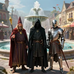 three guilders : a wizard, a murderer and a warrior, stand in the middle of the square in front of the fountain, day, carnival background, peter morbacher style, ray tracing, digital art, realistic, high quality, 8 k
