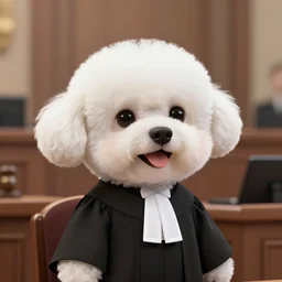 a closeup photorealistic illustration of a cute smiling white bichon frise judge wearing a black gown and commanding the courthouse. this 4 k hd image is trending on artstation, featured on behance, well - rendered, extra crisp, features intricate detail, epic composition and the style of unreal engine.