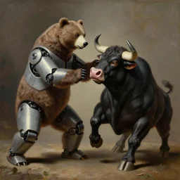 illustration of a robotic bear fighting with a robotic bull, realistic painting, classical painting, high definition, digital art, matte painting, very detailed, realistic