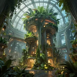 a futuristic building with a lot of plants and lights, solarpunk, greenhouse, concept art by mandy jurgens, cgsociety, fantasy art, concept art, artstation hq, reimagined by industrial light and magic