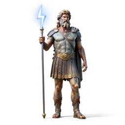 weathered zeus with lightning bolt, detailed 3d character render, full body, standing, isolated on a pure white background, centered, whole figure in frame, sharp focus, studio lighting