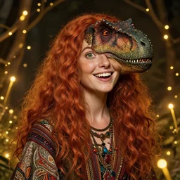 a totally amazed smiling pretty t - rex surrounded by golden firefly lights in a mesmerizing scene, fully covering intricate detailed bohemian outfit, long loose red hair, precise linework, accurate green eyes, small nose with freckles, beautiful smooth oval head, expressive emotions, hyper realistic ultrafine portrait by artemisia gentileschi, jessica rossier, greg rutkowski, artgerm