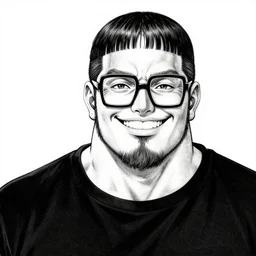 highly detailed ink illustration of a buff smiling man with long stubble, muscular neck, big square glasses and a black bowl cut, wearing a black tshirt, b & w clean shaped illustration by kim jung gi, ron english and eiichiro oda