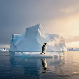 photo of the most beautiful panoramic landscape, where a giant iceberg is lost in middle of the artic ocean, a giant penguin is exhaling steam while walking over the iceberg, there is nothing else, the artic ocean is reflecting the giant penguin over the iceberg and the ray lights of the sunset are brightening him, by greg rutkowski, award winning photo, minimal style,