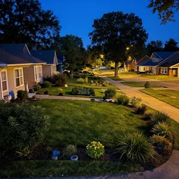 an american neighborhood at night, big garden, street