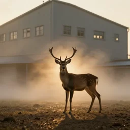 a cinematic thin shadow of a majestic but small deer standing outside a very large industrial building with small windows, golden light, thick mist, backlit, insane details, hyperrealistic photo by jimmy nelson, trending on artstation