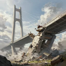 a giant bridge falling apart, digital painting, concept art, trending on artstation, epic composition, wlop, rossdraws, sharp focus, octane render