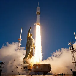 a photo of spacex launching a statue of mark zuckerberg in space, wideangle, daylight, 8k, photoreal