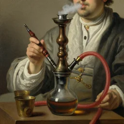 Dutch oil painting from 1600s: Closeup of person smoking a water pipe