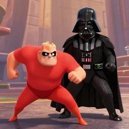 mr. incredible fighting darth vader, still from an animated disney movie
