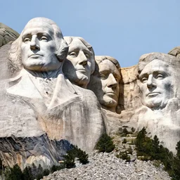 a photo of mount rushmore after donald trump's face had been added. the photo clearly depicts the facial features of donald trump, at a slightly elevated level, depicting his particular hair style carved into the stone at the mountain top, centered, balances, regal, pensive, powerful, just