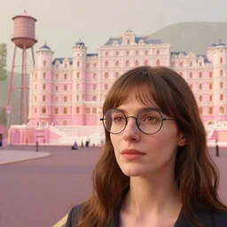 cinematic mid shot of a high detail, woman's face looking off camera, with round glasses. fine facial features. she stands in an empty, pastel colourful 3 d minimalist, street scene with water tower, by jeffrey smart and gregory crewdson and edward hopper, inspired by the grand budapest hotel