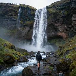 Walking into a very tall majestic Norwegian waterfall, creek, rocks, digital art, 8K