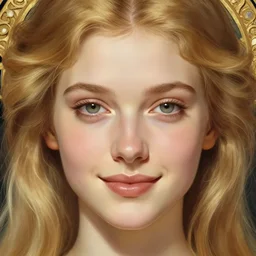 beautifully symmetrical face, portrait of young woman blessed with ever - increasing physical and mental perfection, realism, blonde hair, coquettish perfect face!! intricate, elegant, highly detailed, vision of holy perfection!! smile, digital painting, artstation, concept art, smooth, sharp focus, illustration, art by artgerm and greg rutkowski and alphonse mucha