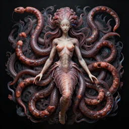 medusa with sausages instead of snakes. no snakes. intricate abstract. intricate artwork. by tooth wu, wlop, beeple, dan mumford. trending on artstation, greg rutkowski very coherent symmetrical artwork. cinematic, hyper realism, high detail, octane render, 8 k, iridescent accents