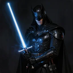the dark knight holding a lightsaber, highly detailed, extremely realistic, dark, digital painting, concept art, intricate, elegant, art by greg rutkowski