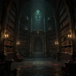 dark sinister vampire lair interior by Bastien Lecouffe-Deharme, library, adventure game, inspired by Diablo concept art