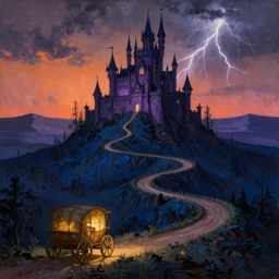renaissance painting of a steep and multiple curves path to a violet evil fantasy castle on a high dark blue hill at night, orange to pink gradient sky and thunderstorm background. forest underneath. glowing wagon on the path