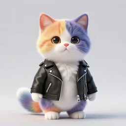 wide angle full body, jacket wearing fluffy cute rainbow kitten wearing a black leather motorcycle jacket, concept art