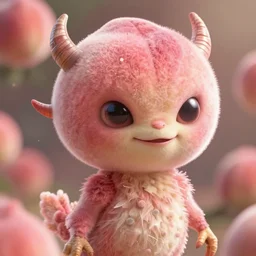 an alien with a face that looks like a fuzzy peach the peach is fuzzy pink warm and ripe the alien has horns and a mean smile the alien has soft kind eyes with chicken feet cruel smile, 4k, highly detailed, high quality, amazing, high particle effects, glowing, majestic, soft lighting, detailed background, happy tones, sharp background