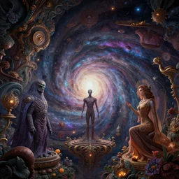 a psychedelic realm falling into a galactic vortex, in the style of h. r. giger and greg rutkowski and amanda sage, lush, sumptuous, exquisite, elegant, elaborate, rich, ray traced, global illumination, artstation