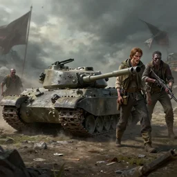 fantasy art ultra detailed 4 k photo lee ermey hunting zombies with a tank