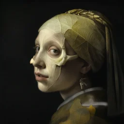 a woman's face in profile, made of leaf skeleton, in the style of the Dutch masters and Gregory Crewdson, dark and moody