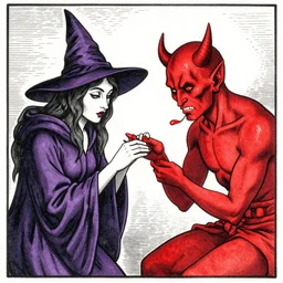witchcraft : a witch and a devil making a red nail, woodcut, line art, watercolor, 1 7 2 0. vibrant colors, highly detailed, high contrast lines.