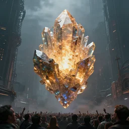bright crystalline obsidian structure that's internally lit by a fiery god sunlight while floating above a dreary dystopian city with a massive crowd that's staring up at the sky, intricate details, epic, dramatic lighting, hdr 4 k uhd