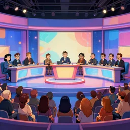 TV quiz show with a large live audience, cartoon style
