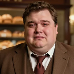 Close up portrait of a chubby man wearing a brown suit and necktie with a bakery in the background. Photorealistic. Award winning. Dramatic lighting. Intricate details. UHD 8K. He looks about to cry.