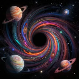 cosmic travelers, planets and stars, psychedelic blackhole swirled imagery by artgerm, cushart krenz, greg rutkowski, mucha. space art. lucien rudaux, cosmos, vivid colors, sharp edges. ultra clear detailed. 8 k. elegant, intricate, octane render