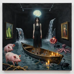 painting of a flooded art gallery, a tall emo girl, a glowing brain, nightmare, a smouldering canoe, candles, knotted hemp rope, art gallery interior with black walls, pigs, courgette, waterfall, pomegranates, octopus, zen, sensual, liminal space, black swans, berries, surrealist, by magritte and monet
