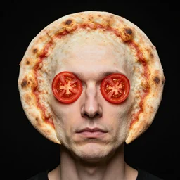 portrait of man with a rare facial deformity making the head a flat and circular disc, looking like a pizza, doughy skin with bakes crust like with flecked burnt spots, features that look like tomato slices, soft lighting, sharp focus, highly symmetrical, black background, masterpiece, case photo by eric lafforgue