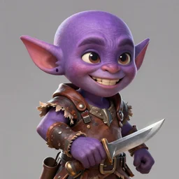 male goblin youth adventurer with purple skin, by Ismail Inceoglu, wearing leather adventuring clothes, shabby, short, kid, bald, wielding knife, happy grin, character portrait closeup, digital art, dungeons and dragon, character