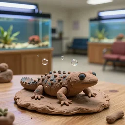 figures clay plasticine model of [ [ [ [ newt ] ] ] ] bubbles. weird. surreal. strange. tilt shift. tank. fish tank in waiting room. photorealistic.