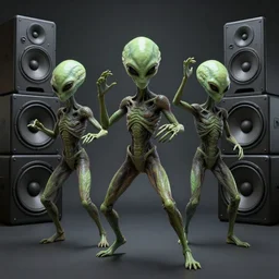 aliens brainsuckers warriors dance to edm music with giant speakers, perfect faces, fine details, studio lighting,, subtle shadows, art by katsuya terada, photorealism, hyper realism, octane render, hyper detailed, medium shot, 8 k, raw, unedited, in - frame,