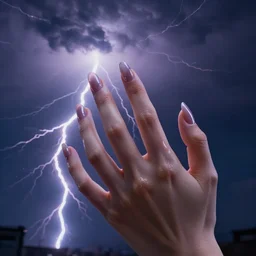 photography of a hyper realistic lightning storm in a highly detailed beautiful girl's hand. nails painted. fantasy background. highly detailed, super power, stuning, intricate, complex, unreal engine 5.