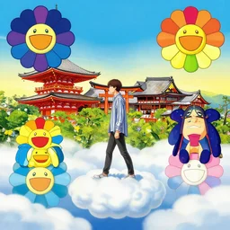 a man walking on clouds above kyoto by takashi murakami, beeple and james jean, aya takano color style, 4 k, super detailed