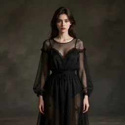 hight focus of a wonderful realistic focused sweet wonderful symmetrical centered mid portrait of a lonely woman with a detailed wonderful, majestic, large semi transparent black cotton dress, dramatic light, octane render, - 8 k
