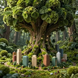 a miniature city built into the trunk of a single colossal tree in the forest, with tiny people, in the style of moss vr, lit windows, close - up, low angle, wide angle, awe - inspiring, highly detailed digital art