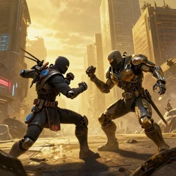 combat ninja cyborgs combat in cybercity, golden hour, art by petros afshar and carl barks and hieronymus bosch and santiago caruso, highly detailed