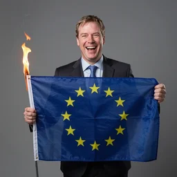 nigel farage laughing holding burning eu flag, studio photograph, hd, studio