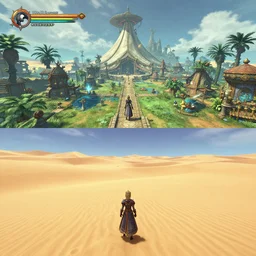 gameplay walkthrough 3 rd person adventure game, spiritual alien village with big sacred sci fi tent, lush oasis, vast flat empty sand desert with dunes, screenshot, final fantasy, square enix, jrpg, unreal engine, next gen graphics, rtx, cutscene, path tracing, high fidelity, particle effects, nvidia, physics simulation